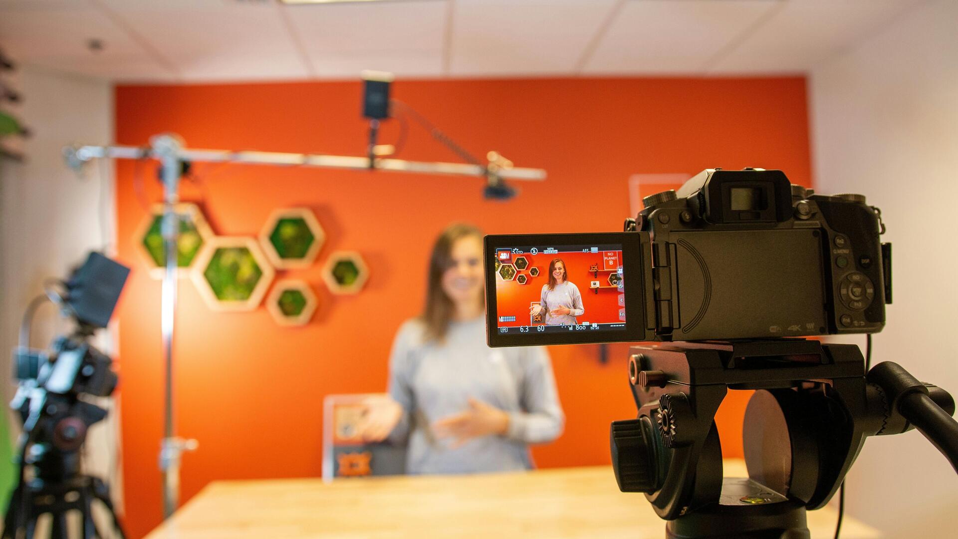 Mädchen vor oranger Wand beim Video-WS